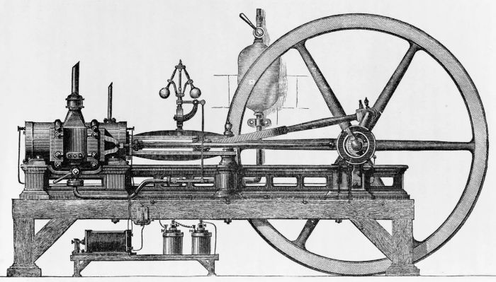 Engraving of an early internal combustion engine with flywheel
